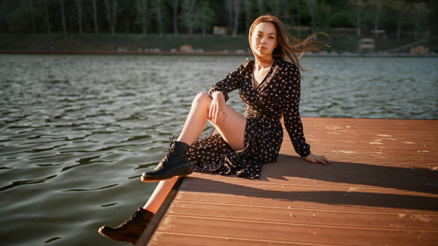 Woman dock water dress boots free wallpaper - medium preview image