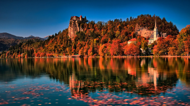 Castle lake autumn leaves magic free wallpaper - medium preview image