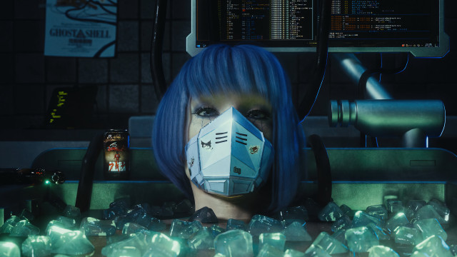 Woman bluehair mask crystals cyberpunk free wallpaper - medium preview image