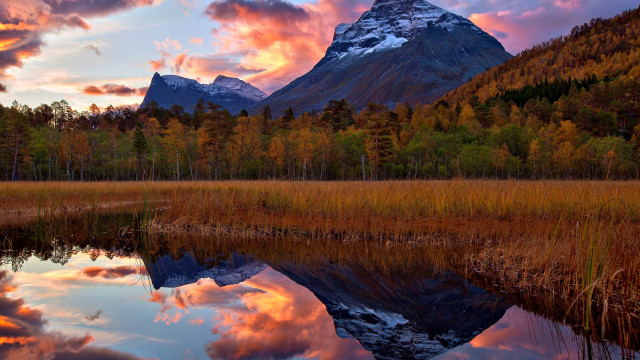 Mountain lake forest sunset autumn free wallpaper - medium preview image