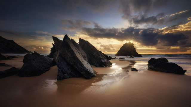 Beach rocks water sunset cloudy #3 free wallpaper - medium preview image