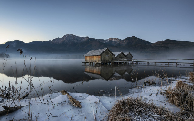 Lake mountains foggy house bird free wallpaper - medium preview image