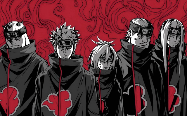 Hooded group red background manga free wallpaper - medium preview image