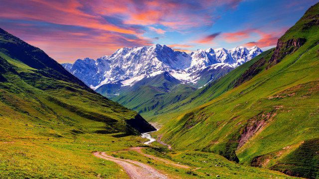 Dirt road valley mountains stream free wallpaper - medium preview image