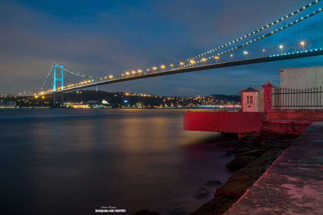 Bridge water lighthouse building nightscape free wallpaper - medium preview image