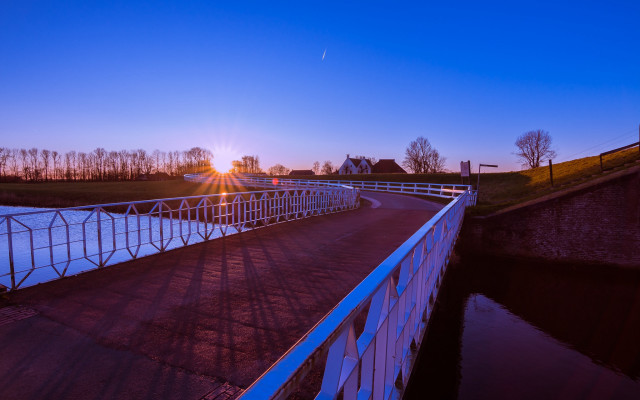 Bridge fence building sunset water free wallpaper for desktop - medium preview image