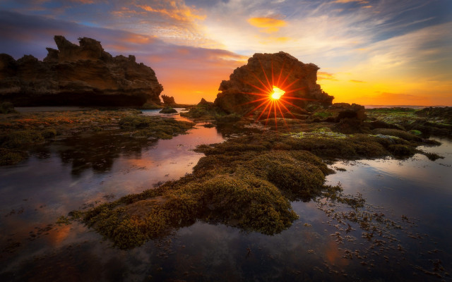 Sunset water rocks grass distant free wallpaper - medium preview image
