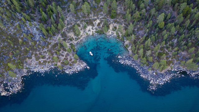 Boat forest water rocks aerial free wallpaper - medium preview image