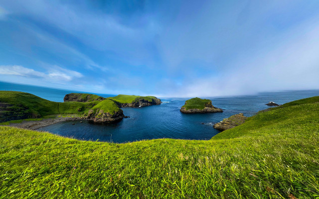 Grassy hill lake islands nature free wallpaper - medium preview image