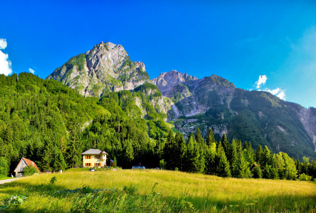 House field mountains blue sky free wallpaper - medium preview image