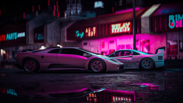Neon cars reflection cyberpunk urban free wallpaper - medium preview image