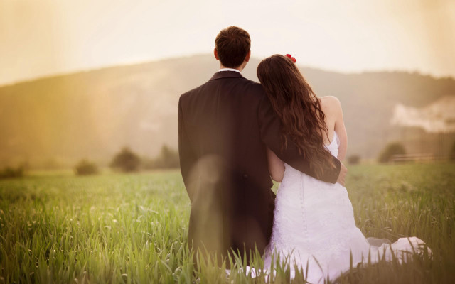 Bride groom sunset field mountains free wallpaper - medium preview image