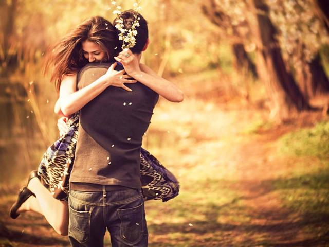 Romantic woods hug autumn leaves free wallpaper - medium preview image