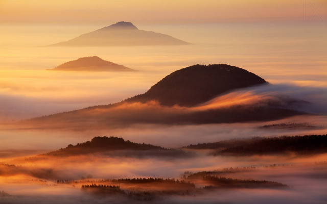 Mountain fog clouds sunset trees free wallpaper - medium preview image