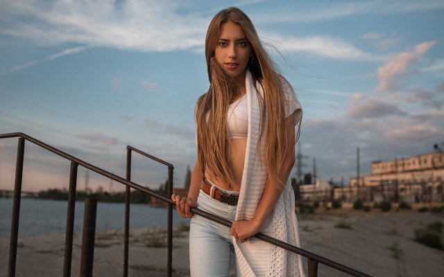 Woman staircase waterfront clocktower fashion free wallpaper - medium preview image