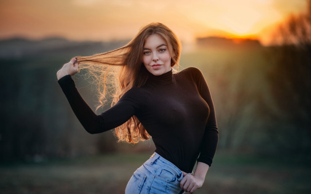 Woman long hair field sunset free wallpaper - medium preview image