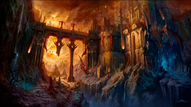 Castle fire bridge mountains city free wallpaper - medium preview image