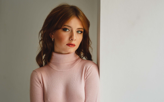 Woman pink sweater red lip free wallpaper - medium preview image