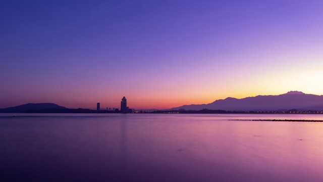 Sunset mountains clock tower water free wallpaper - medium preview image