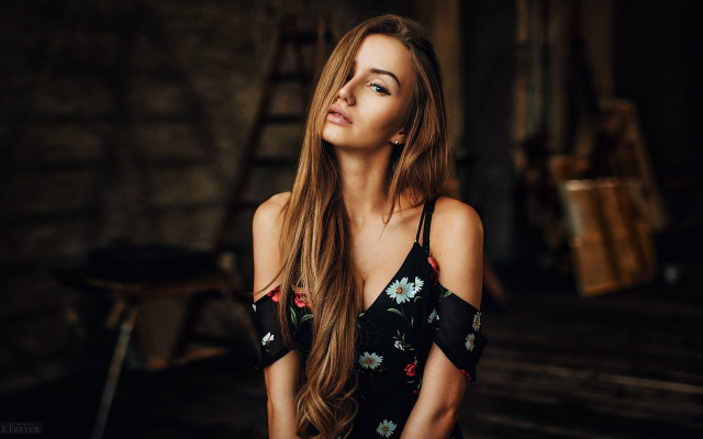 Woman black dress ladder romantic free wallpaper - medium preview image