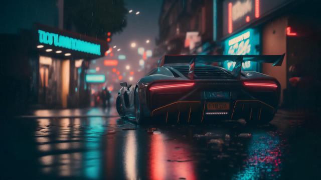 Wet street night neon cyberpunk free wallpaper - medium preview image