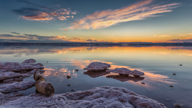 Sunset lake rocks water clouds free wallpaper - medium preview image