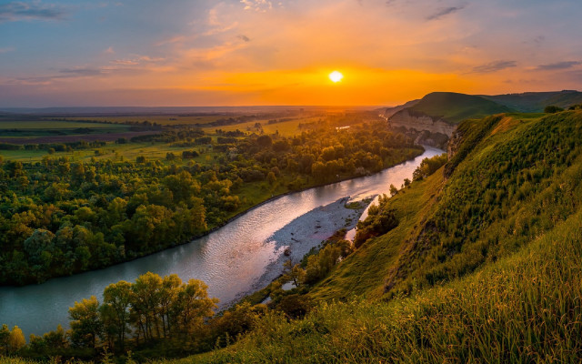 River hillside sunset clouds green free wallpaper - medium preview image