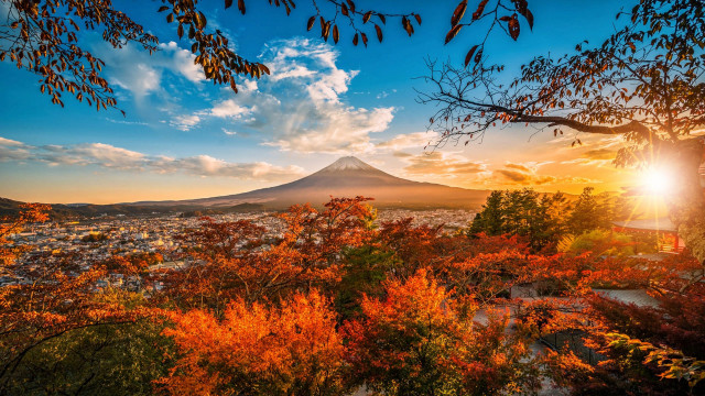 Mountain sunset trees autumn ukiyo free wallpaper - medium preview image
