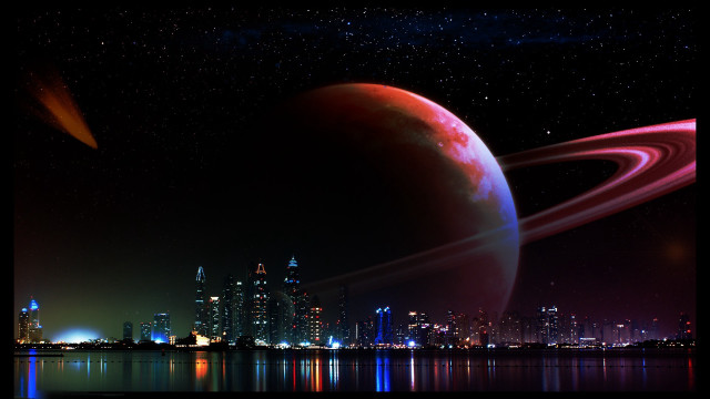 Red planet ring city night free wallpaper - medium preview image