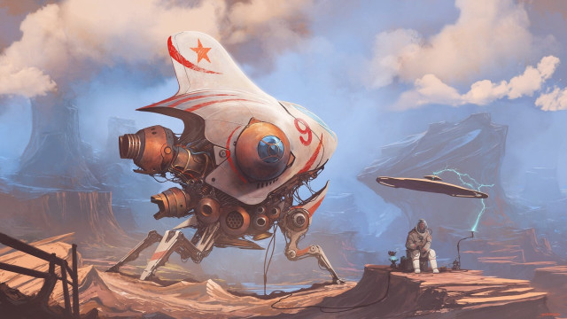 Giant robot man hill retrofuturism free wallpaper - medium preview image
