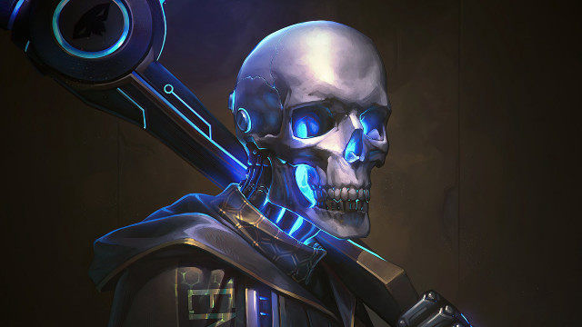 Skeleton cyberpunk armor glowing eyes free wallpaper - medium preview image