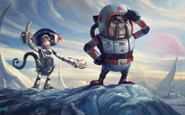 Cartoon characters handshake mountaintop sky free wallpaper - medium preview image