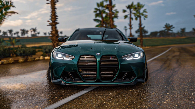 Green sports car palm road free wallpaper - medium preview image