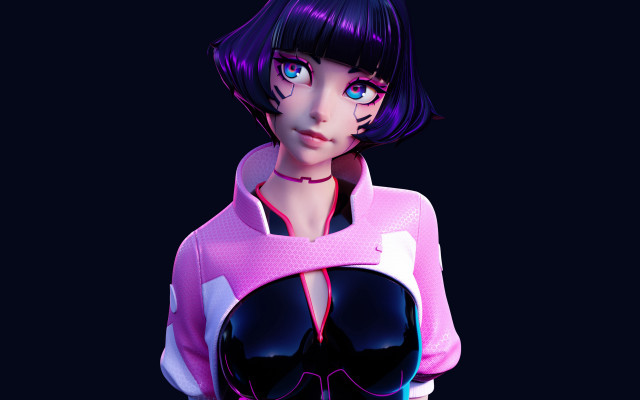 Purple haired woman pink outfit free wallpaper - medium preview image