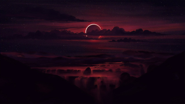 Red moon mountain waterfall city free wallpaper - medium preview image