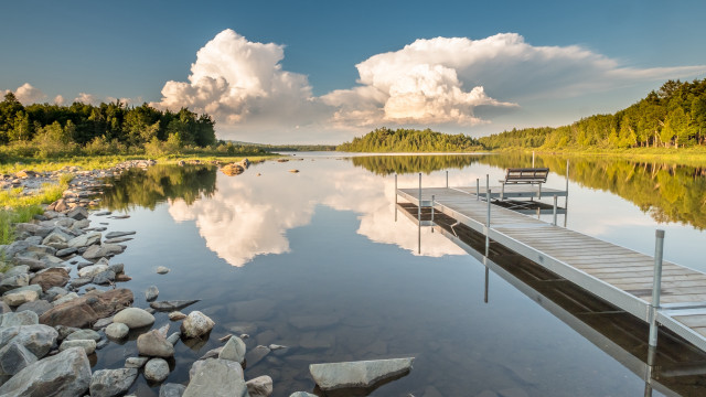 Lake dock bench cloudy sky free wallpaper - medium preview image