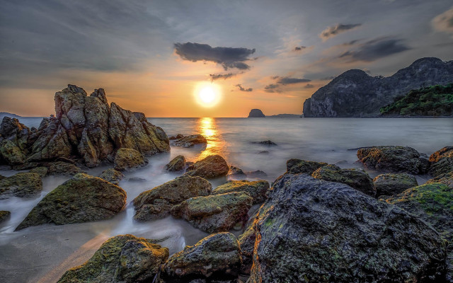 Sunset rocky beach mountain water #2 free wallpaper - medium preview image