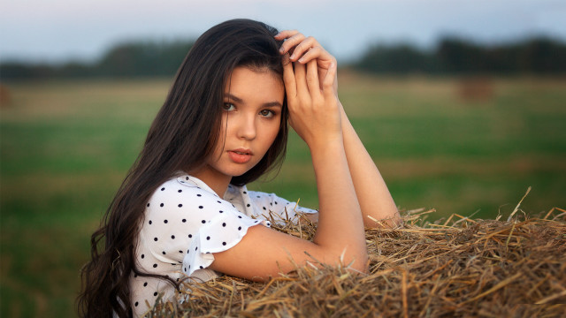 Girl hay pose bokeh outdoors free wallpaper - medium preview image