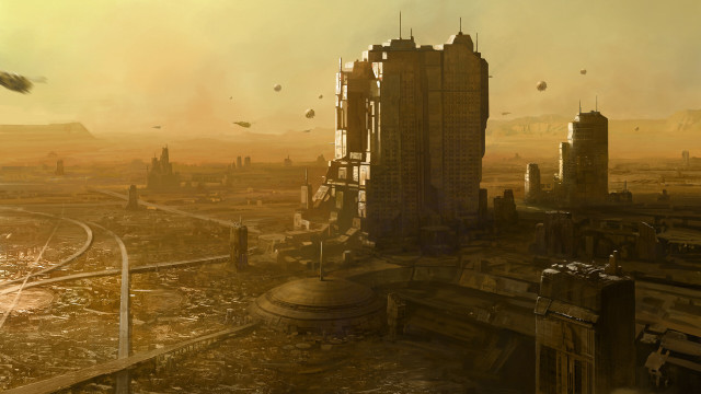 Futuristic city birds matte painting free wallpaper - medium preview image