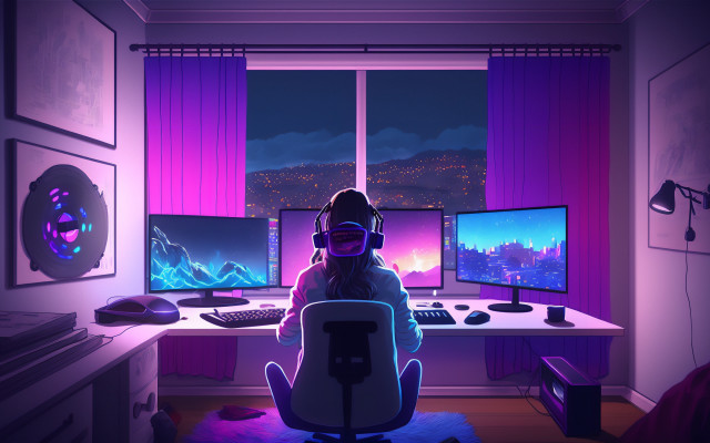 Cyberpunk synthwave girl desk night free wallpaper - medium preview image