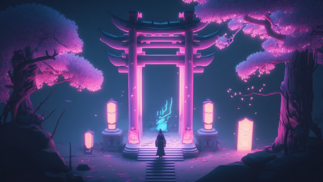 Man gate forest night pinklights free wallpaper - medium preview image