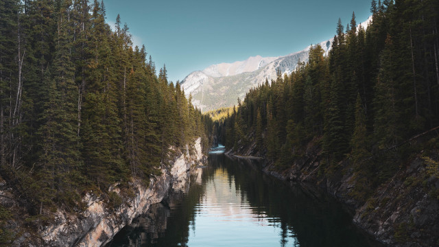 River trees mountains boat snowy free wallpaper - medium preview image