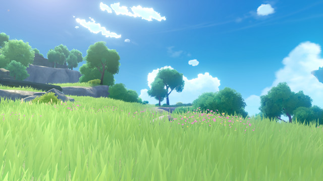 Grassy field trees rocks blue free wallpaper - medium preview image