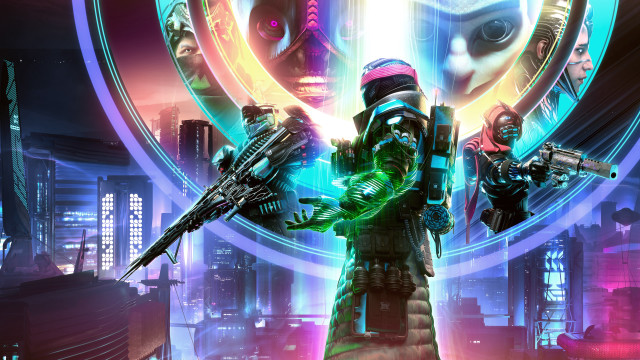 Cyberpunk man neon cityscape guns free wallpaper - medium preview image
