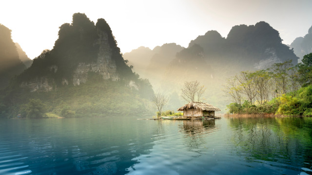 Hut island lake mountains fog free wallpaper - medium preview image