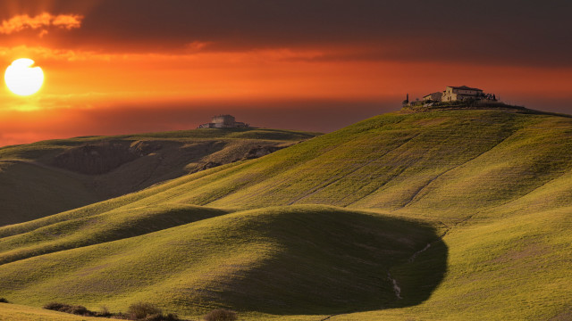 Sunset grassy hill house red free wallpaper - medium preview image
