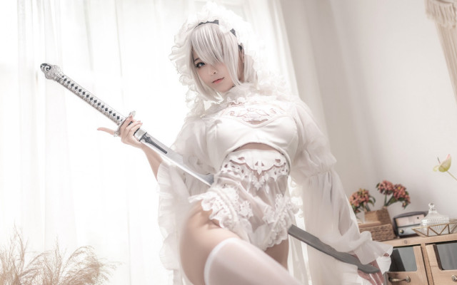 White dress woman knife cosplay free wallpaper - medium preview image