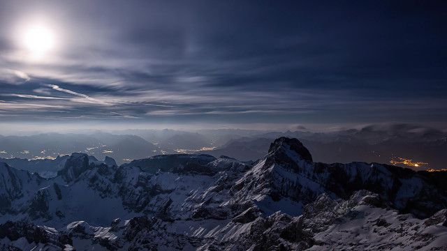 Mountain range full moon cityscape free wallpaper - medium preview image