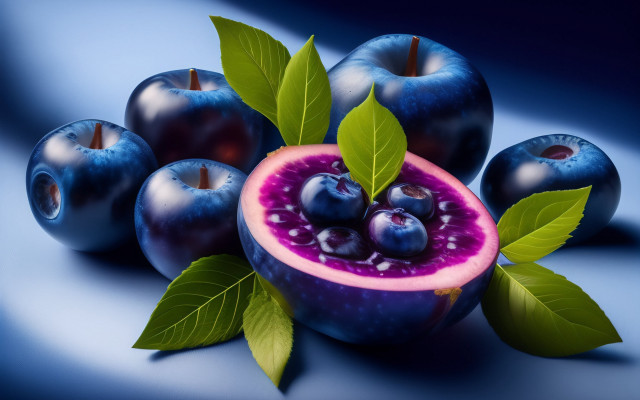 Blueberry bite leaves purple photorealistic free wallpaper - medium preview image