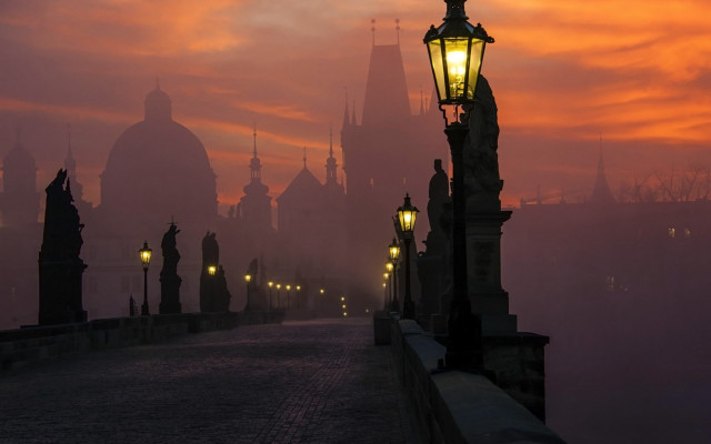 Streetlight bridge fog sunset gothic free wallpaper - medium preview image